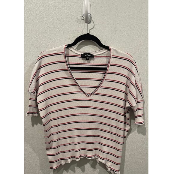 LULUS Striped Antique White Oversized V-Neck Tee - Picture 1 of 4